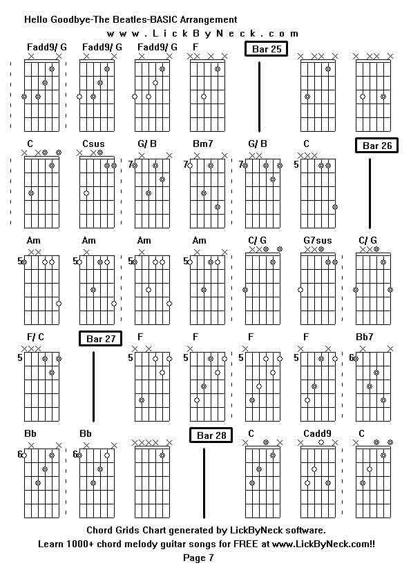 Chord Grids Chart of chord melody fingerstyle guitar song-Hello Goodbye-The Beatles-BASIC Arrangement,generated by LickByNeck software.